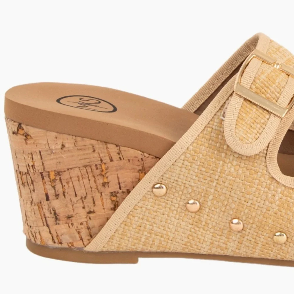 New! Colombia Comfort Raffia Natural Woven Buckle Cork Platform Wedge Sandal